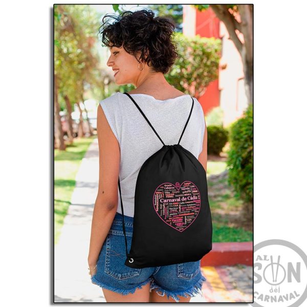 mochila de saco corazon de carnaval de cadiz negra