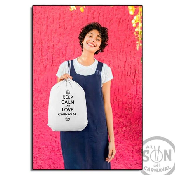 mochila de saco keep calm and love carnaval blanca