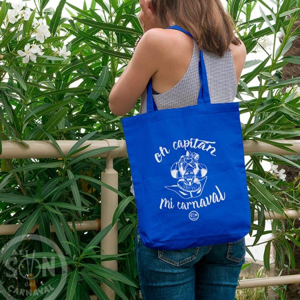 tote bag oh capitan mi carnaval, frae arriba y abajo azul