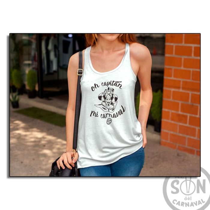 Camiseta Mujer Fashion oh capitan mi carnaval frase arriba y a bajo blanca