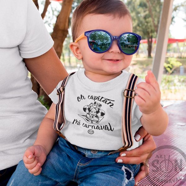 camiseta bebe oh capitan mi carnaval frase arriba y abajo - blanco