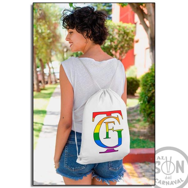 mochila de saco logo del teatro falla lgtbi blanca