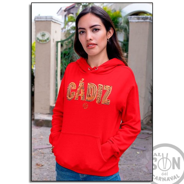 sudadera arena de cadiz con capucha rojo