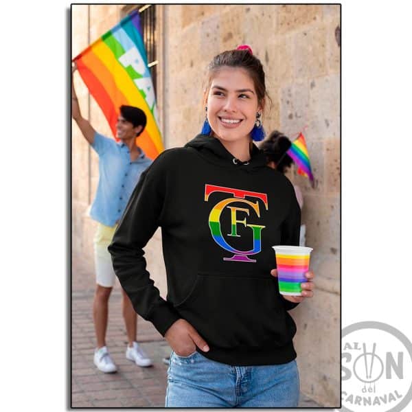 sudadera logo del teatro falla lgtbi con gorro negra