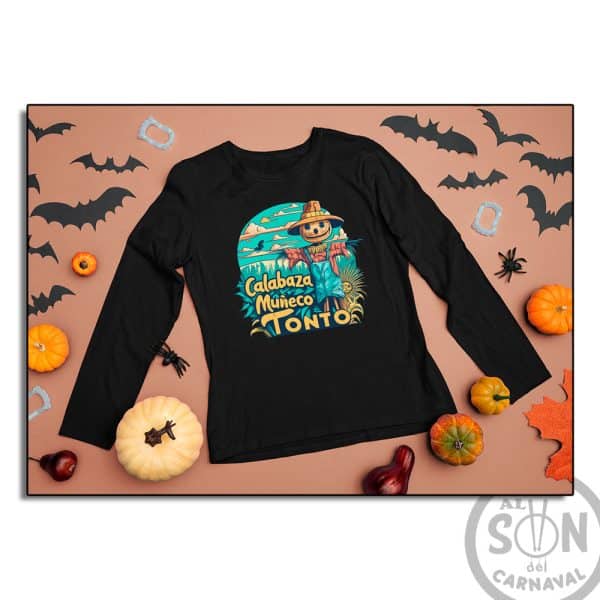 camiseta calabaza muñeca tonto manga larga negra