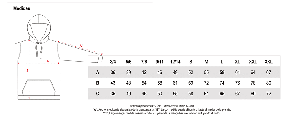 Medidas Sudaderas con gorro kbastinazo